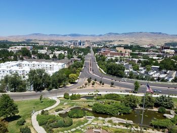 High angle view of city against clear sky