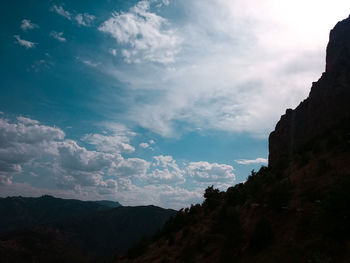 Low angle view of mountain against cloudy sky