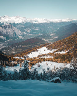 Scenic view of snowcapped mountains against sky