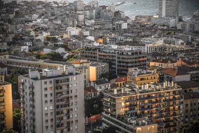 High angle view of buildings in city