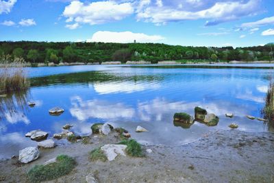 Scenic view of lake against cloudy sky