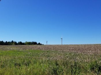 Scenic view of field against clear blue sky