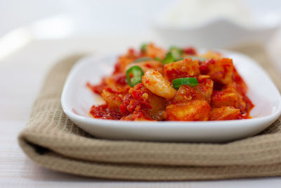 Close-up of pasta served in plate