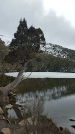 Scenic view of lake against cloudy sky