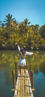 Rear view of woman standing by lake against sky