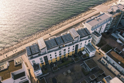 Aerial view of residential buildings on sea coast