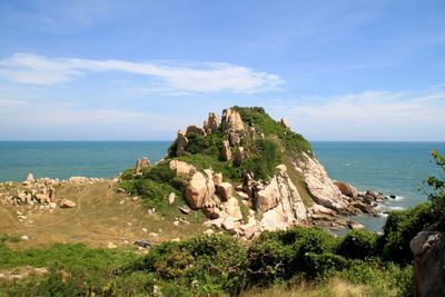 Scenic view of cliff and sea against sky