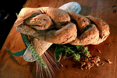 Close-up of bread on wood