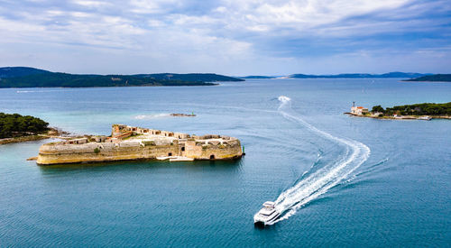 High angle view of boats on sea