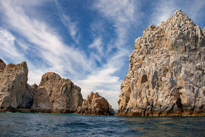 Rock formations by sea against sky