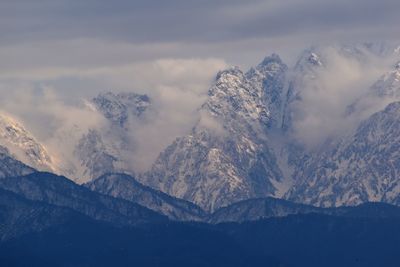 Aerial view of snowcapped mountains against sky