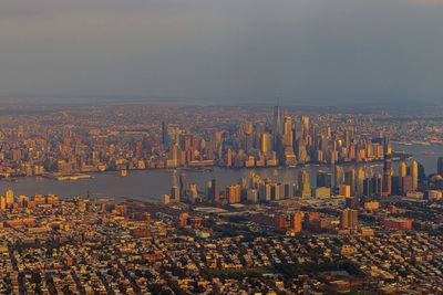 High angle view of buildings against sky