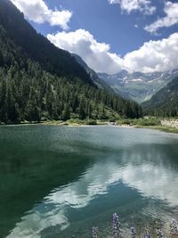 Scenic view of lake and mountains against sky