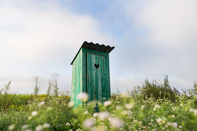 Vintage toilet. an outdoor rustic green toilet with a heart cut out on the door. 