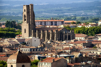 Aerial view over rooftops of a mediterranean city