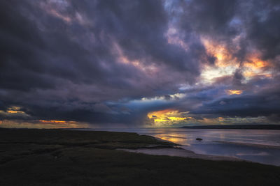 Scenic view of sea against dramatic sky