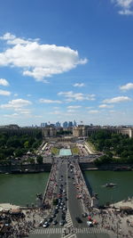 View of bridge over river against cloudy sky