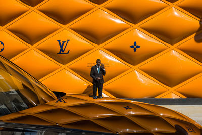 Rear view of man standing in illuminated ceiling