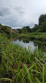 Scenic view of lake against cloudy sky