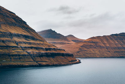 Scenic view of river by mountains against sky