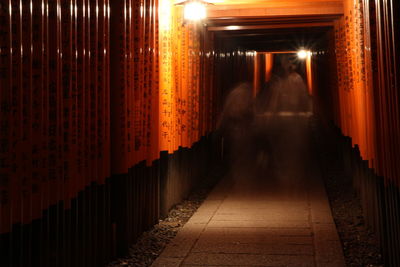 Rear view of man at illuminated temple at night