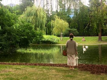 Rear view of man looking at lake against trees