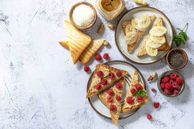 High angle view of breakfast served on table