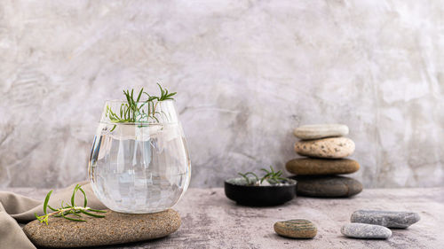 Gin tonic with ice and rosemary in a glass on a stone on the table web banner