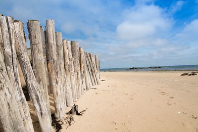 Wooden posts on beach against sky