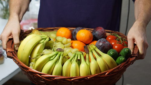 High angle view of man holding fruits in basket