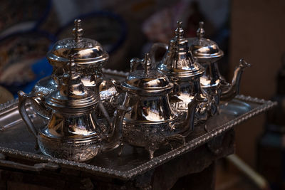 Close-up of  traditional arabic silver tea pots on tray