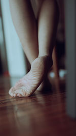 Low section of person standing on hardwood floor at home