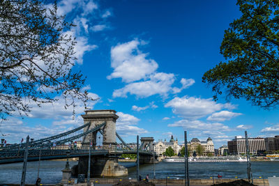 Bridge over river against cloudy sky