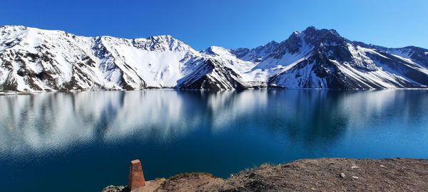 Scenic view of snowcapped mountains against clear blue sky