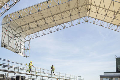 Workers on scaffolding at construction site