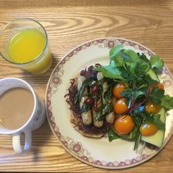 High angle view of breakfast served on table