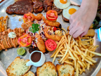 High angle view of food in plate on table