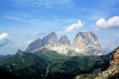 Scenic view of mountain range against cloudy sky