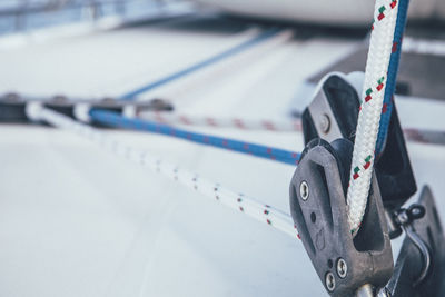 High angle view of ropes in row