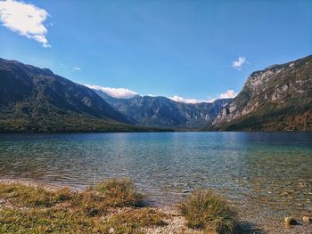 Scenic view of lake and mountains against sky