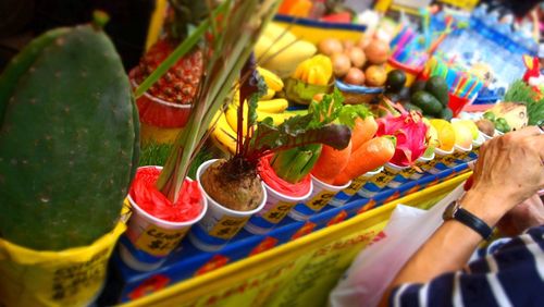 High angle view of various fruits for sale in market