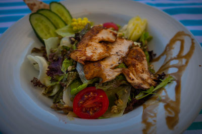 High angle view of food in plate on table