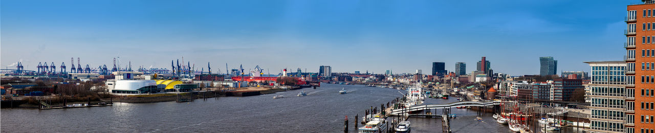 Panorama of a hamburg harbour and port on a beautiful early spring day