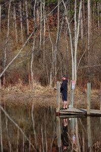 Reflection of man in lake