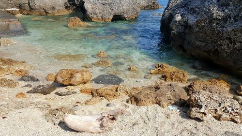 High angle view of rock formation in sea