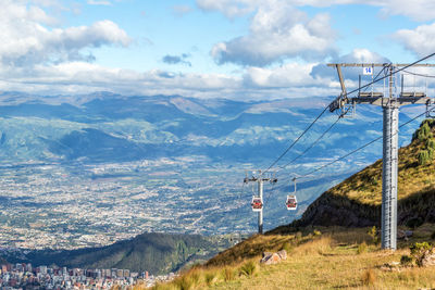 High angle view of overhead cable cars over mountain against cloudy sky