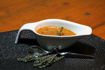 Close-up of soup in bowl on table