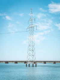 Electricity pylon by river against sky