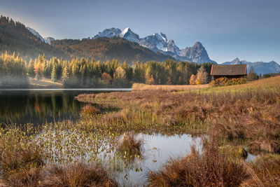 Scenic view of lake and mountains against sky