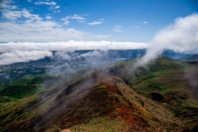 Scenic high angle view on mountains, aso town, and volcanic soil in kyushu, japan